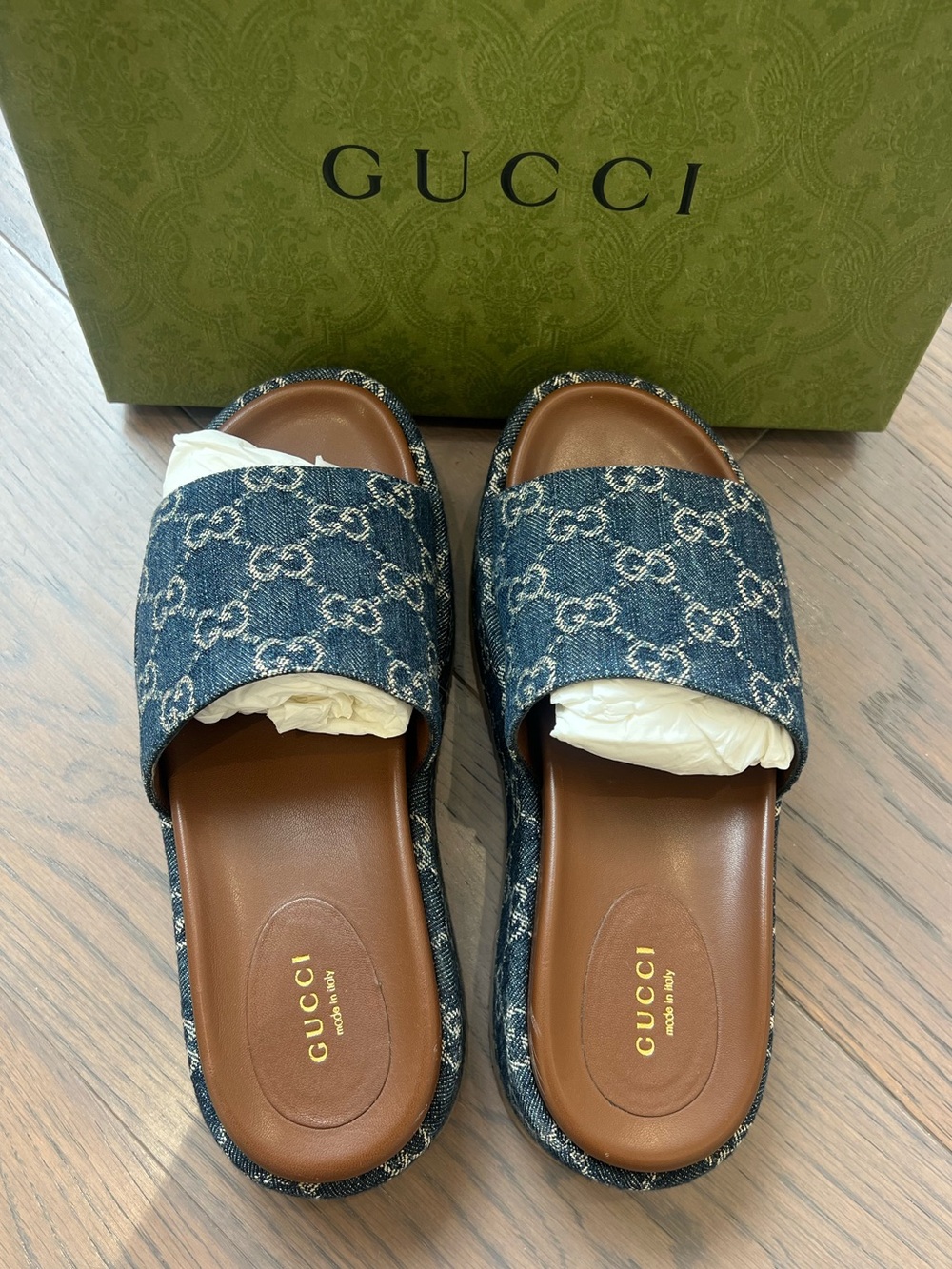 Gucci New Denim GG Delave Slides Blue Tea